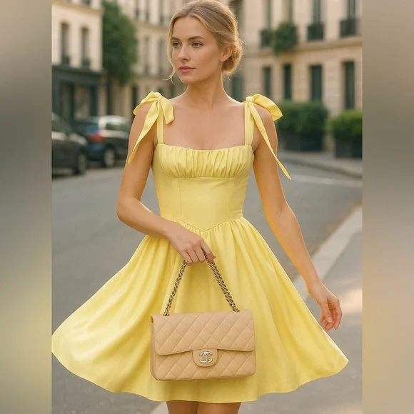 NWT Romantic Yellow Satin Tie-Strap Mini Dress with Corset Back Size S-L - Picture 6 of 7